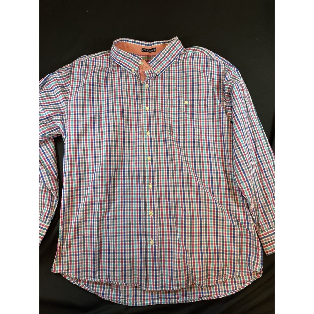 OLEFANT Blue Pink & White Plaid Men's LS Button Down Shirt, XL